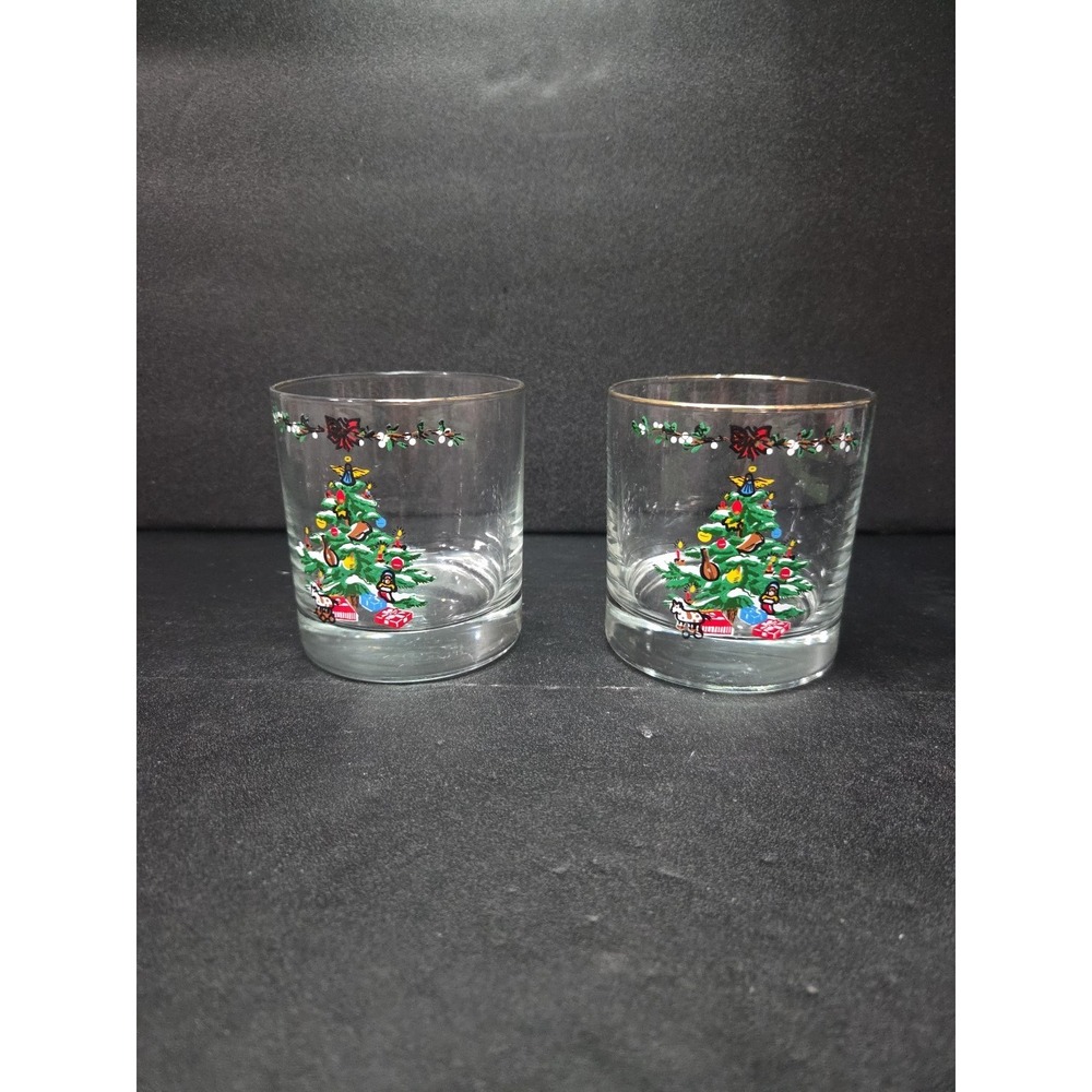 Christmas Tree Low Ball Glasses Set, Gold Rimmed Vintage Pair, Holiday Drinkware